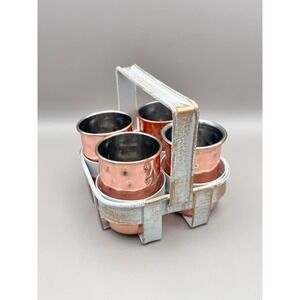 Hammered Copper Shot Glass Set of 4 with Distressed White Metal Caddy Barware